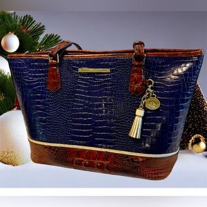 Brahmin Medium Asher Leather Tote Bag Navy Blue and Pecan with Dust Bag Academia